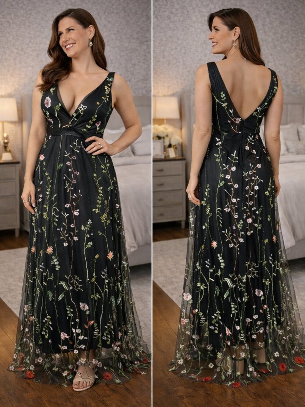 NEW Backless Black Floral Embroidered Maxi Dress